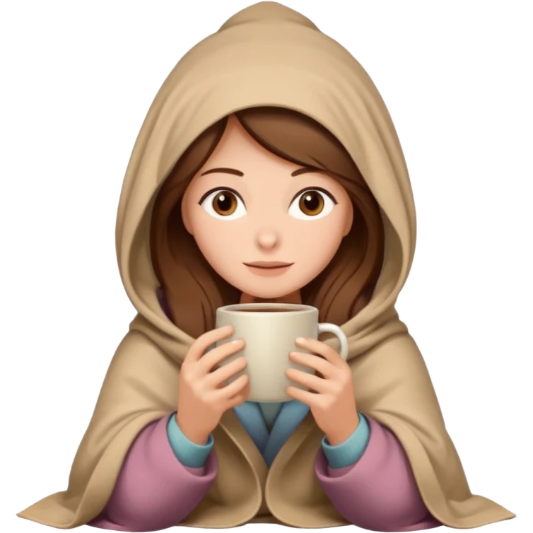 brown hair woman sitting under beige blanket, with a blanket over his head, holding cup of coffee, autumn mood emoji
