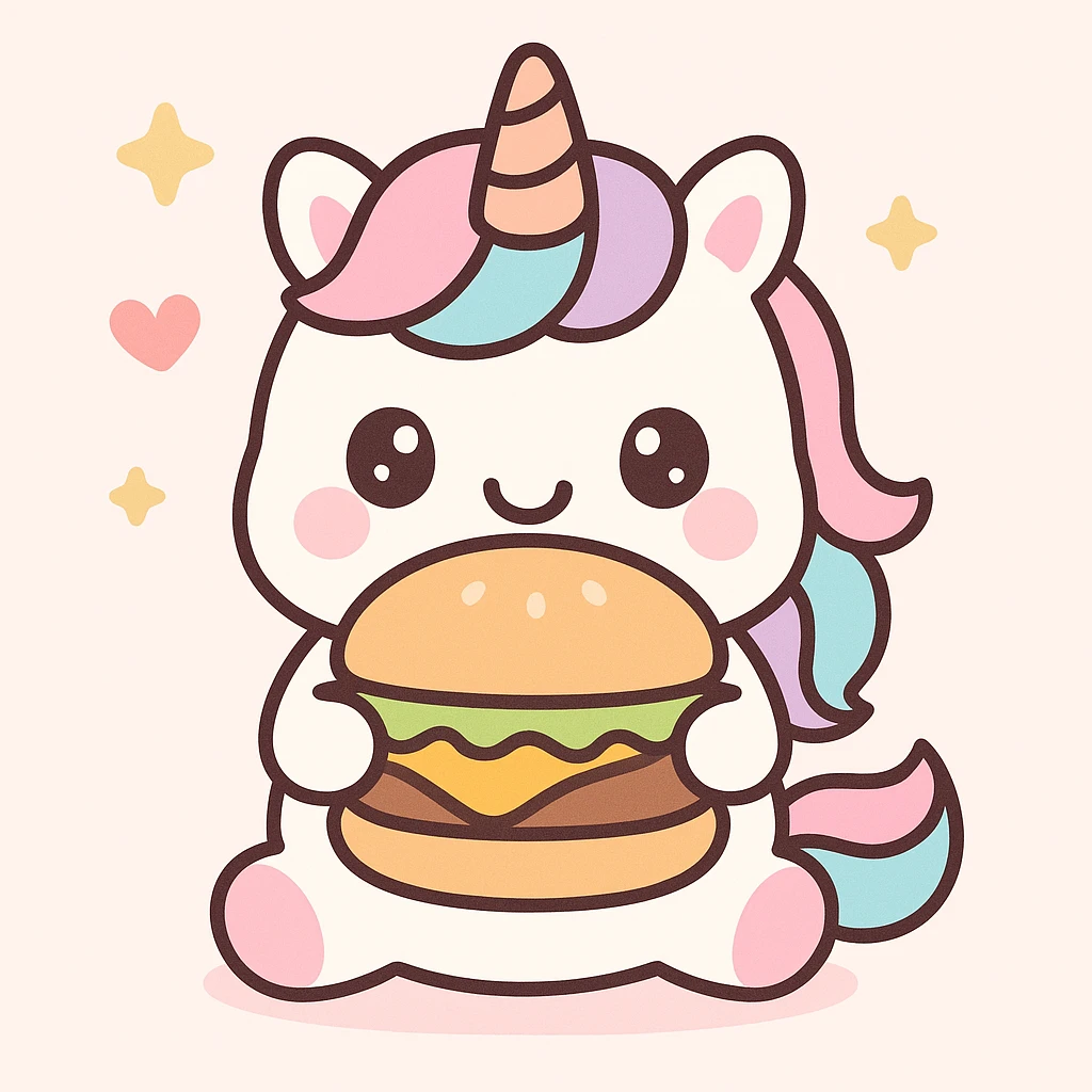 unicorn eating a hamburger, cute, kawaii emoji