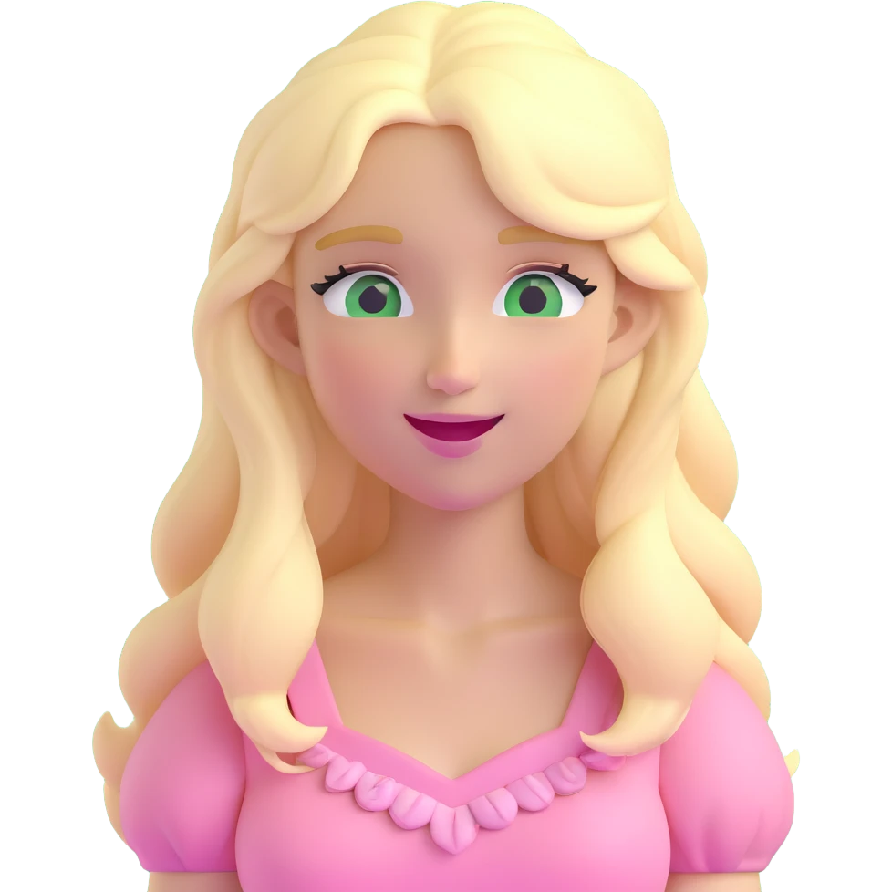a 3d IOS realistic style emoji of a blonde with long hair and swamp eyes in a pink pastel dress winking emoji
