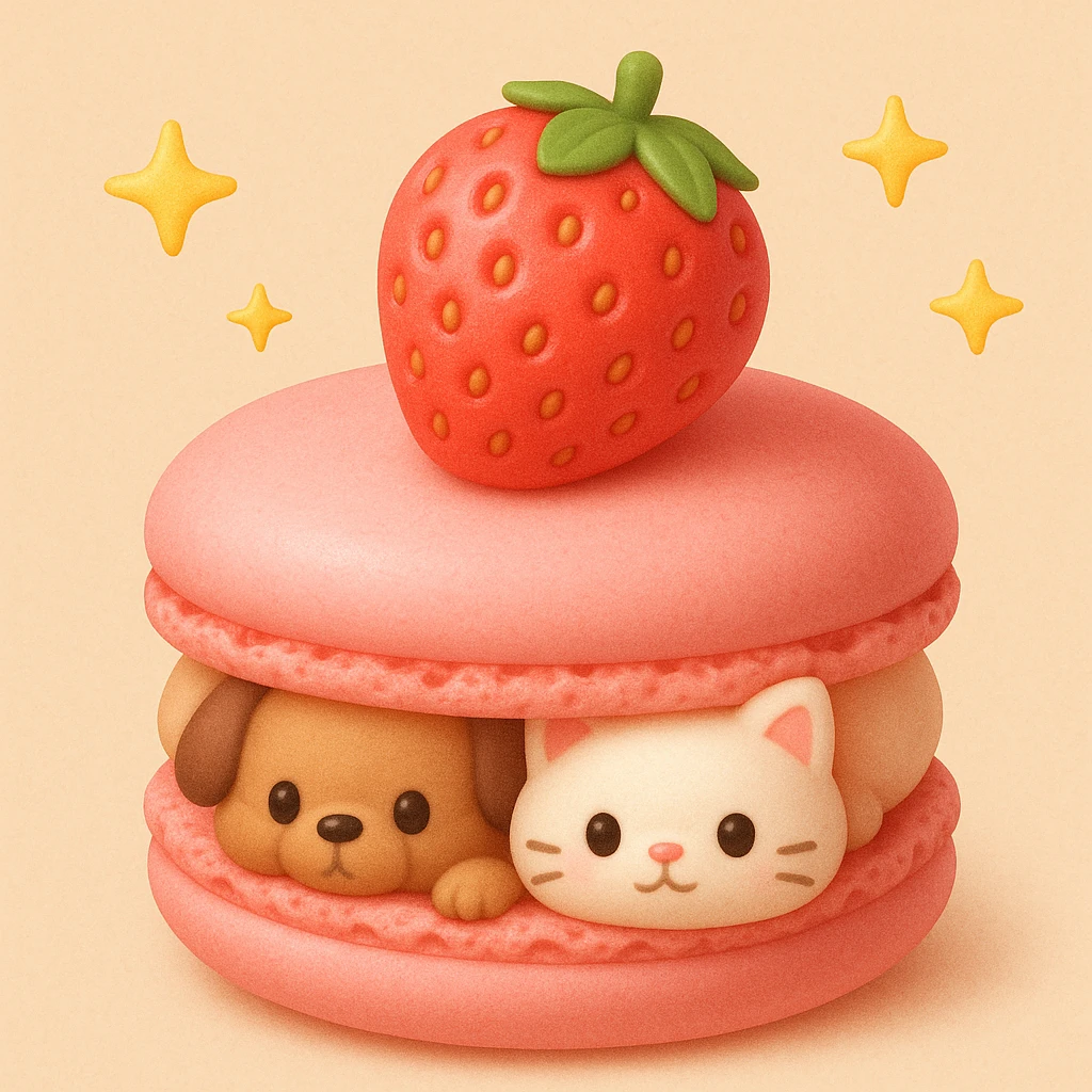 A pink macaron with a strawberry on top, two animals peeking out, light peach background with yellow stars, detailed texture, 3D iOS style. emoji