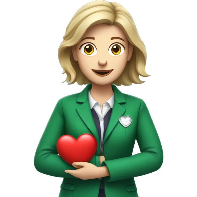 A European female teacher in a green jacket holds a heart in her hands emoji