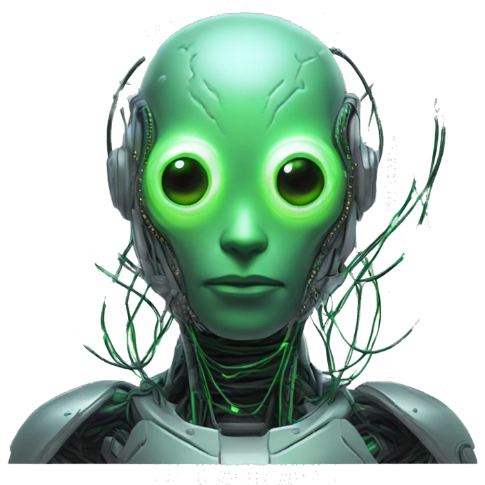 Round Alien cyborg head with glowing wires and green eyes  emoji
