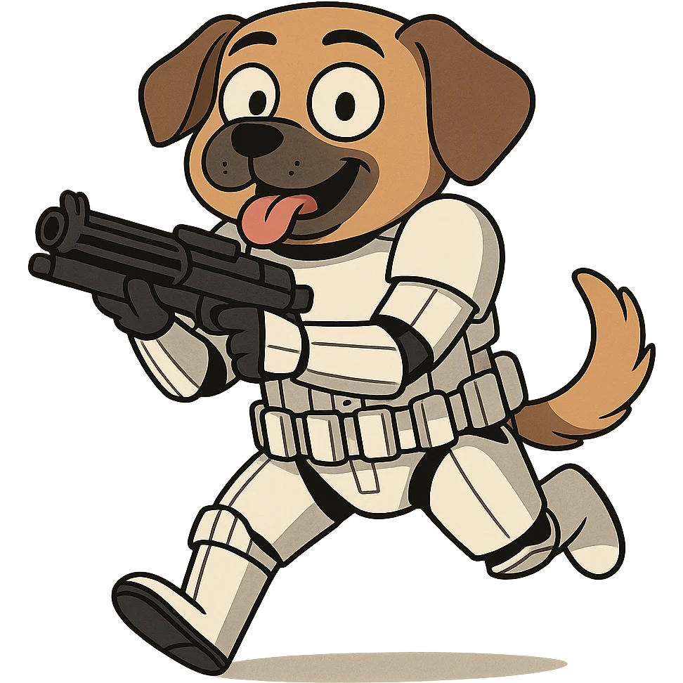 dog cosplaying as a Star Wars stormtrooper, detailed armor, fun pose, cartoon style emoji