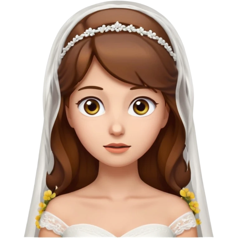 Brown-haired bride in a white wedding dress and veil, eyes looking upward with a curious expression, cute emoji style. emoji