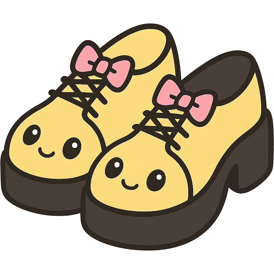 Make the shoes pastel yellow with black and pink accents, kawaii style, no socks, no hearts, transparent background emoji