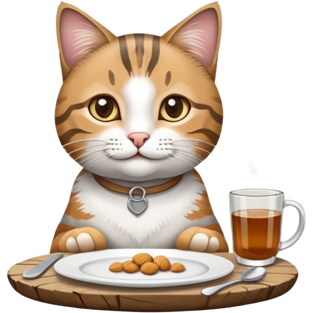 grau weiße Katze auf Tisch mit einem Teller Frikadellen vor sich emoji