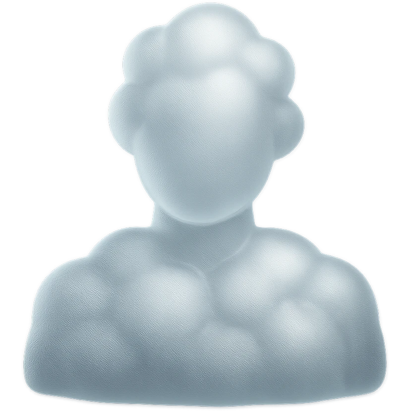 front-facing person composed entirely of white fluffy convex clouds, shoulders visible, matte glass style emoji