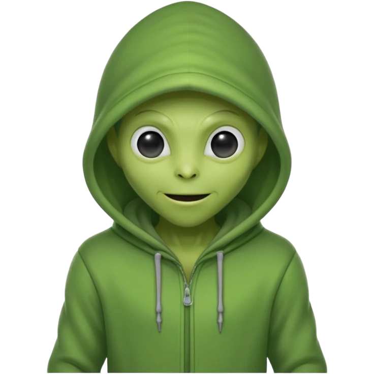 green alien in gray hoodie full height, wear hoodie hat, happy emoji