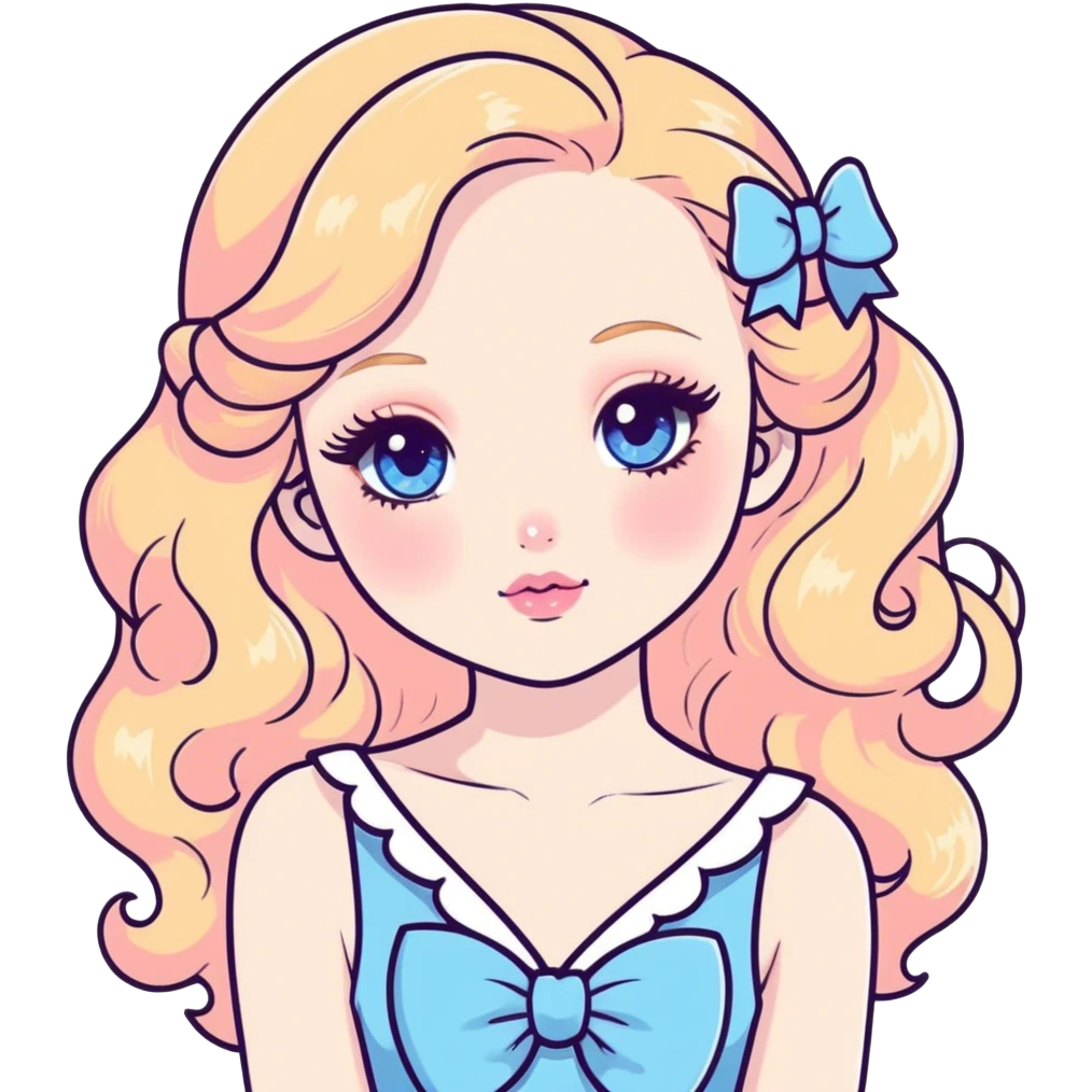 a girl with a very pale face, blue eyes, long blonde hair, curly, thin, with a white bow and in a blue dress, coquette, with shiny eyeshadow, with pink blush, dyed eyelashes and peach lipstick emoji