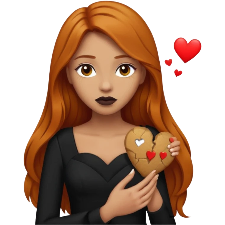  woman light olive skin long ginger hair dark make up holding a broken heart black dress emoji