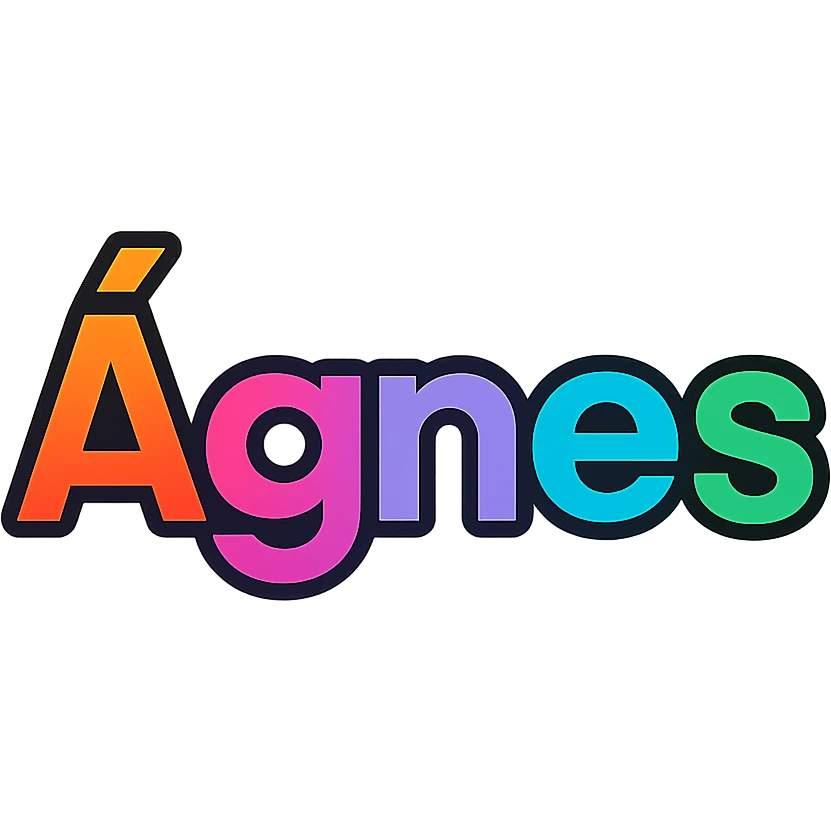 Ágnes name in colorful gradient modern font with dark outline, transparent background, in the style of sample images emoji