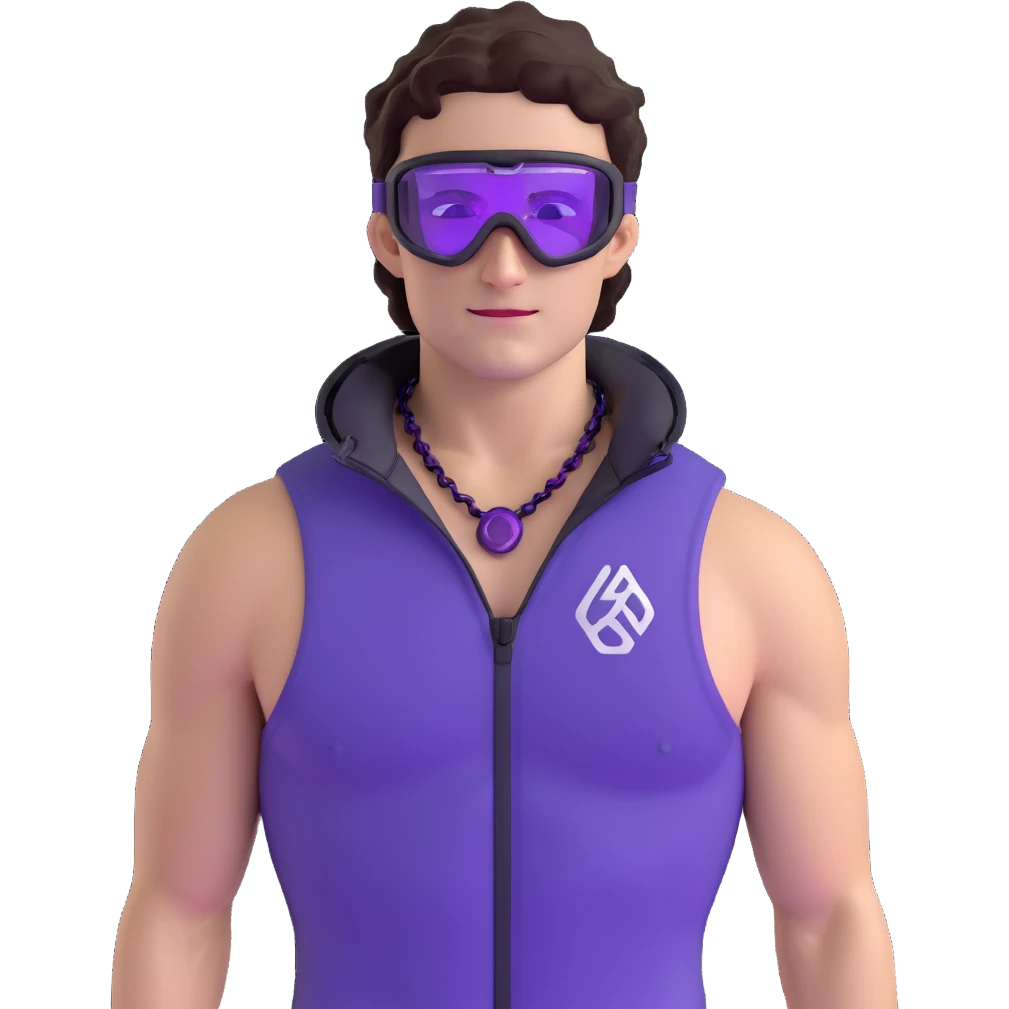 close-up of cool guy male athlete with white skin and moderately curly dark brown hair on top with shaved sides, with one purple ski goggle lens pushed up above his eyes on his forehead, with an arrogant smug smirk on his face, wearing only a plain black chain necklace around his neck, and a completely unzipped sleeveless vest with purple and black sequin fire pattern design with no logo, clearly showing he is shirtless underneath with exposed chest and abs emoji