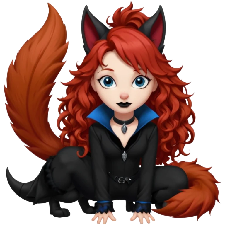  long curly red hair (darker), red pointed ears with black trim, black goth outfits, body and face human, blue eyes, more pointy chin, black lipstick, big fluffy red squirrel tail with black tips, like the attached photo with more outfits and poses,  emoji