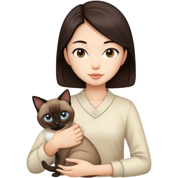 Dark brown haired Asian girl with a Siamese cat emoji