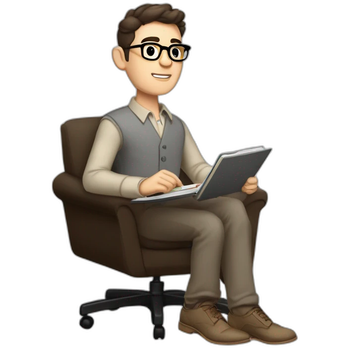 Pale skinned Fit Man With dark brown hair in gray jacket, beige office shirt, Brown pants and vintage glasses sitting In a soft chair with a notebook on spring with emblem Ψ and a pen emoji