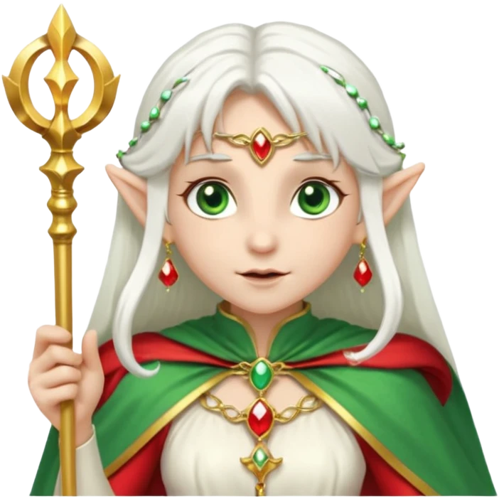 an elf with very white hair and two long PONYTAILS on the side of her head, she has a curtain bang, green eyes, she has a white cape with golden borders and a scepter with a red orb, she has earrings that look like red drops emoji