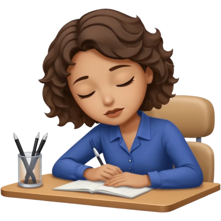 Pretty brown model, brown eyes, soft short wavy hair, falling asleep at desk emoji