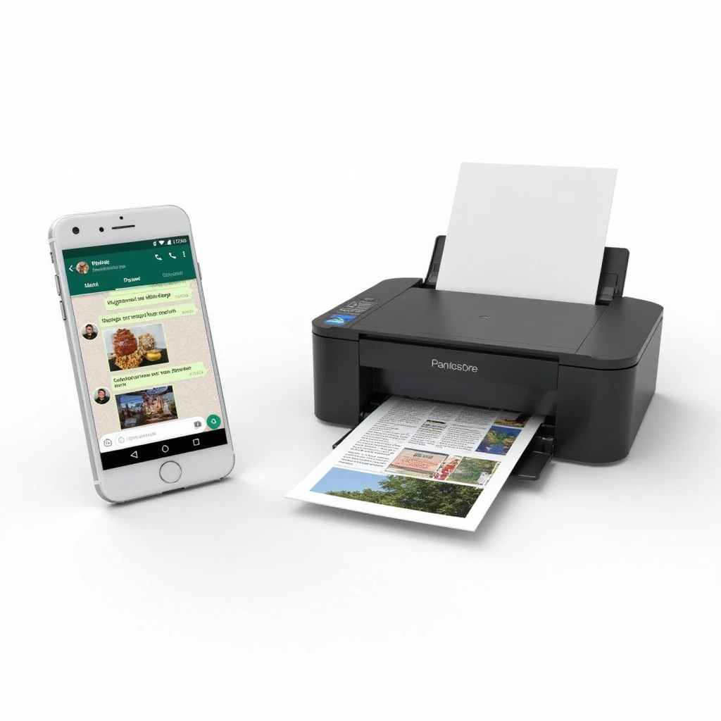 realistic thumbnail for a WhatsApp print out service, with a smartphone on the left showing WhatsApp chat containing images and documents, and a printer on the right printing out both photos and documents, clean white background emoji