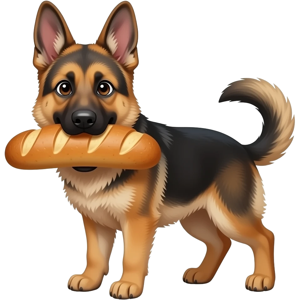 Baby German shepherd with a loaf of bread in his mouth emoji