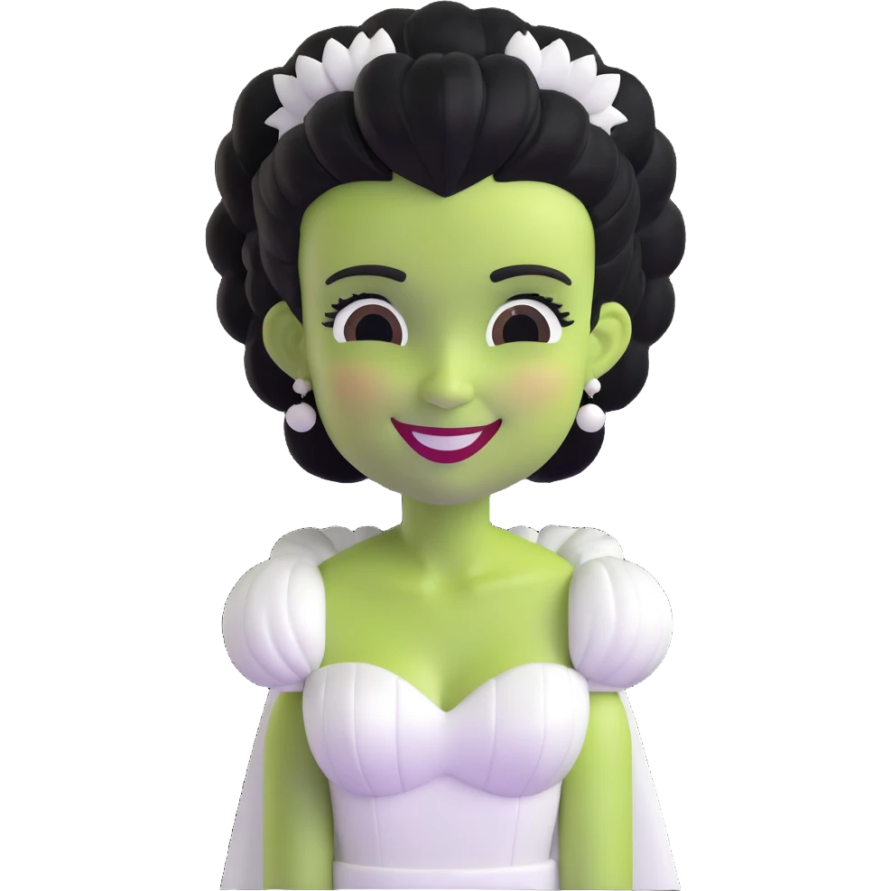 adorable 3D Bride of Frankenstein with big smile and cute black and white hair emoji