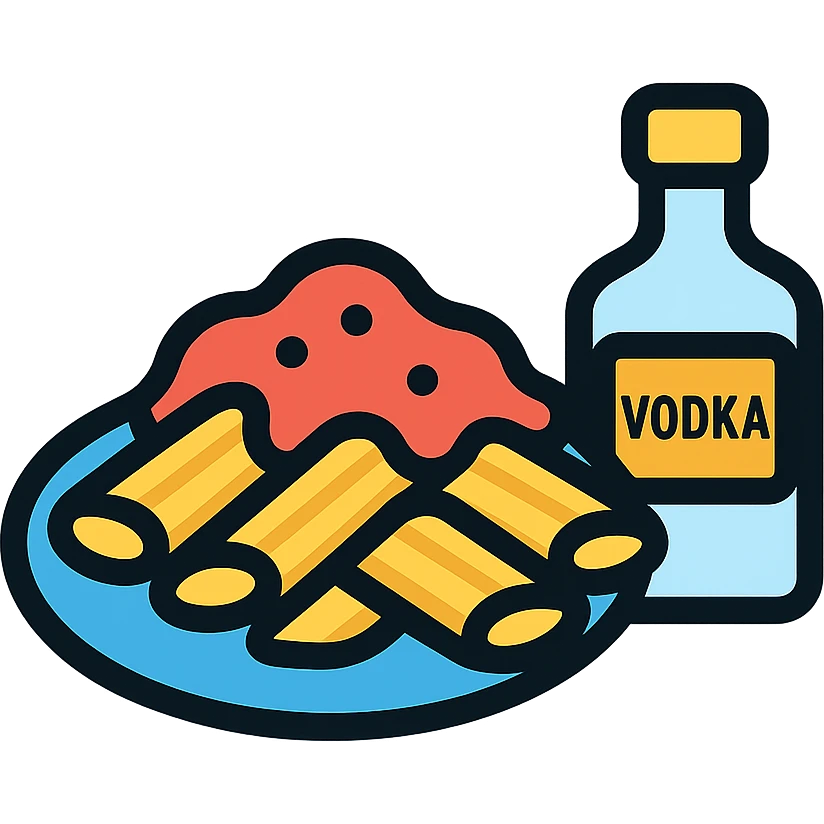 minimalist icon of vodka pasta, penne and sauce, with a small vodka bottle beside emoji