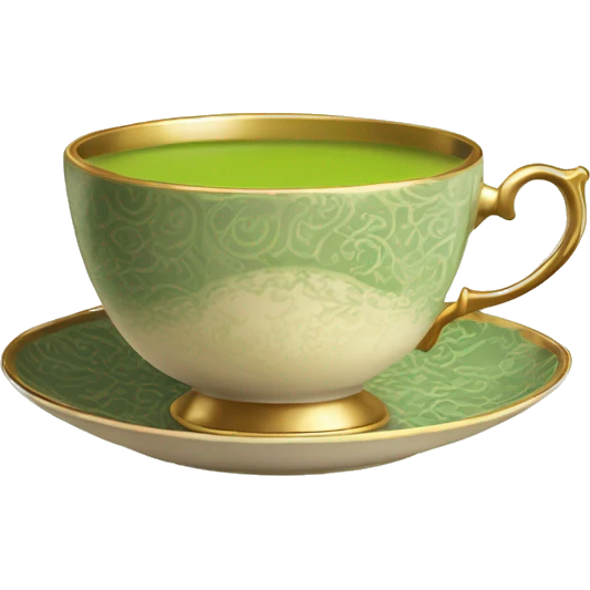 An antique beige tea cup with a vintage pattern and a gold rim, filled with creamy green matcha, steam rising softly above it. emoji