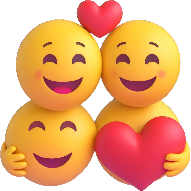 3D smiley emoji, round shape, in love, hugging boy and girl smileys, hearts, no body emoji