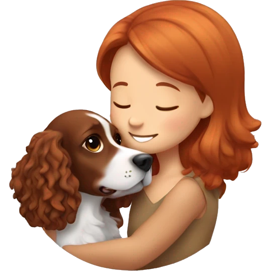 A very cute girl with red hair cuddling a happy brown-bright happy Cocker Spaniel that is only one color emoji