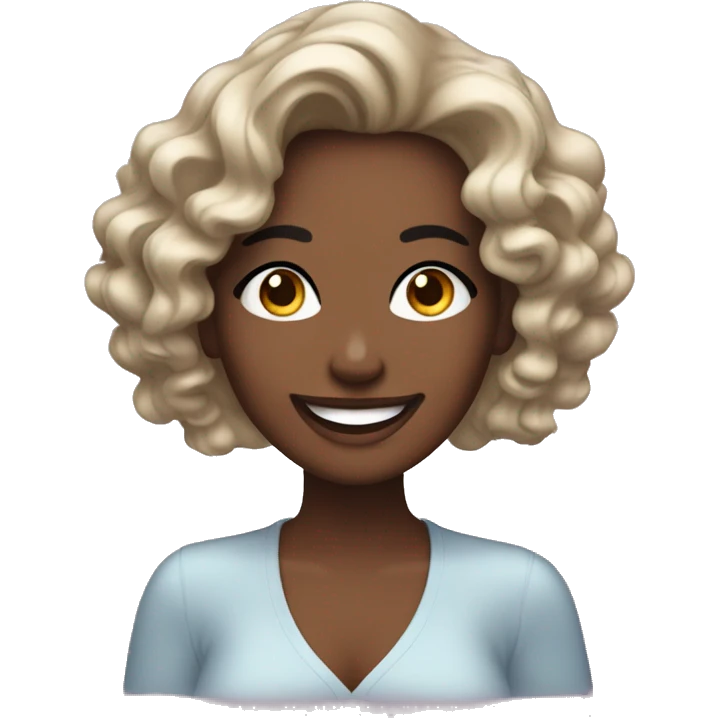 An emoji of a smiling woman with wavy, shoulder-length hair, wearing sparkling eye makeup and a soft, friendly expression. One hand gently touches her face, showcasing her elegance and joy emoji