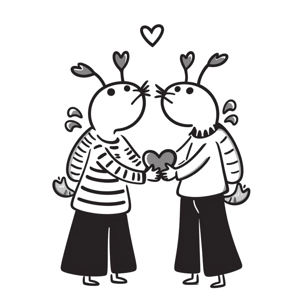 playful lobsters in love with hearts, hand-drawn doodle style emoji