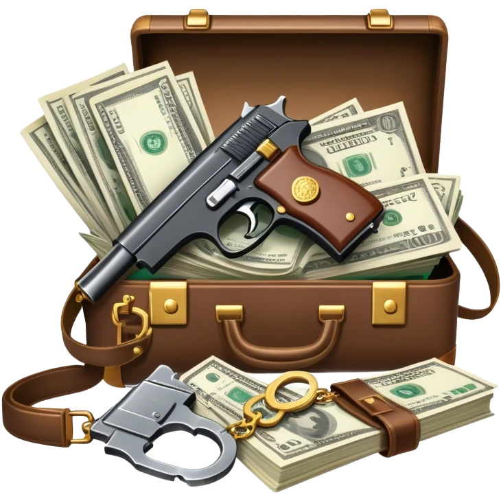 Icon for Action & Crime Reading: an open book with action-packed scenes, featuring a gun, handcuffs, a detective's badge, and a briefcase with money. The icon should capture the tension and excitement of crime and action stories. Transparent background. emoji