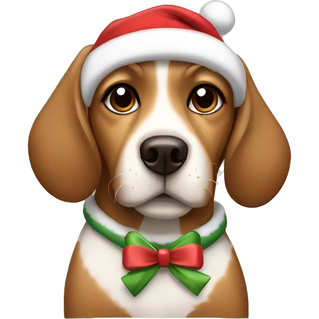 A brown cute dog wearing a Christmas hoodie and a bow on her head emoji