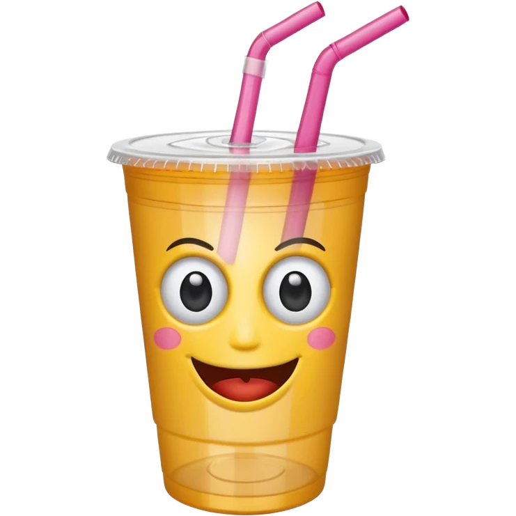 drink in a plastic cup and straw, the cup has eyes and mouth emoji
