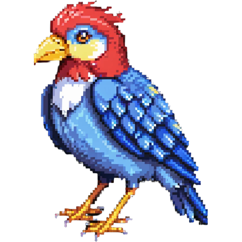 Bird with a red head, blue body, and a yellow beak emoji