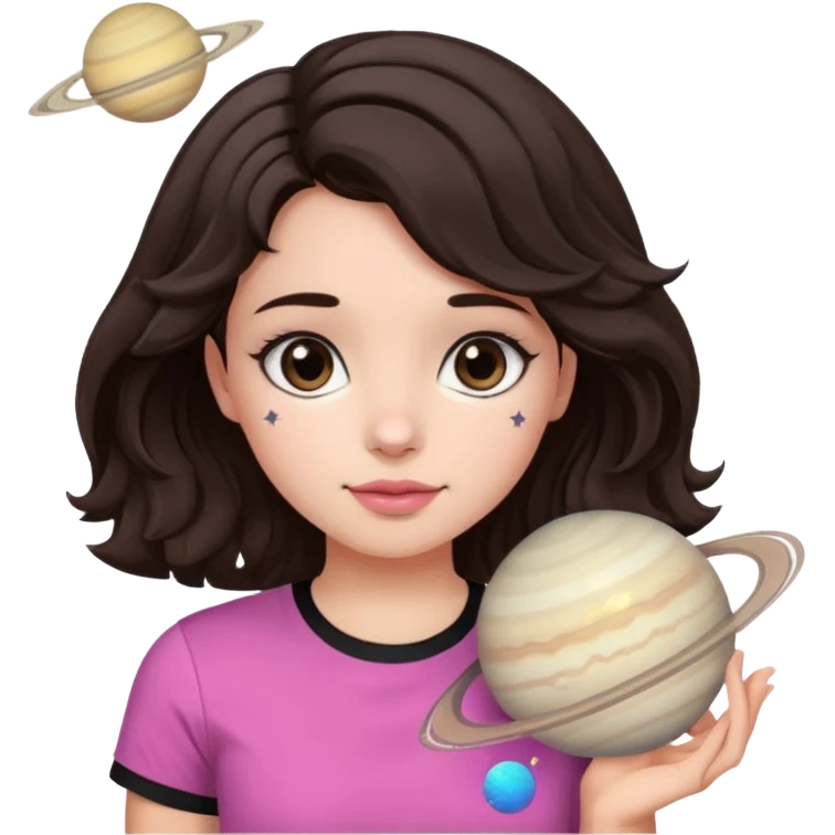 I want to design a girl with wavy hair that is dark brown, close to black And you wear a T-shirt Its color above the neck and sleeves is black The bottom is white, with a star and the planet Saturn on it Her eyes are also dark brown, and her cheeks are pink emoji