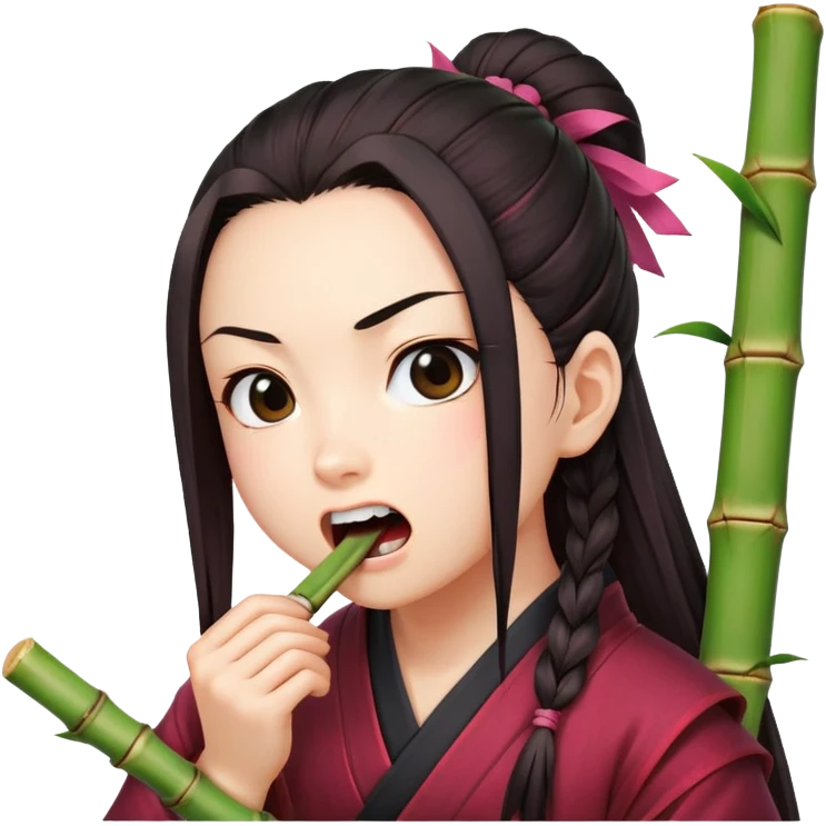 Nezuko with determined expression actively biting on bamboo piece in her mouth, teeth gripping the bamboo emoji