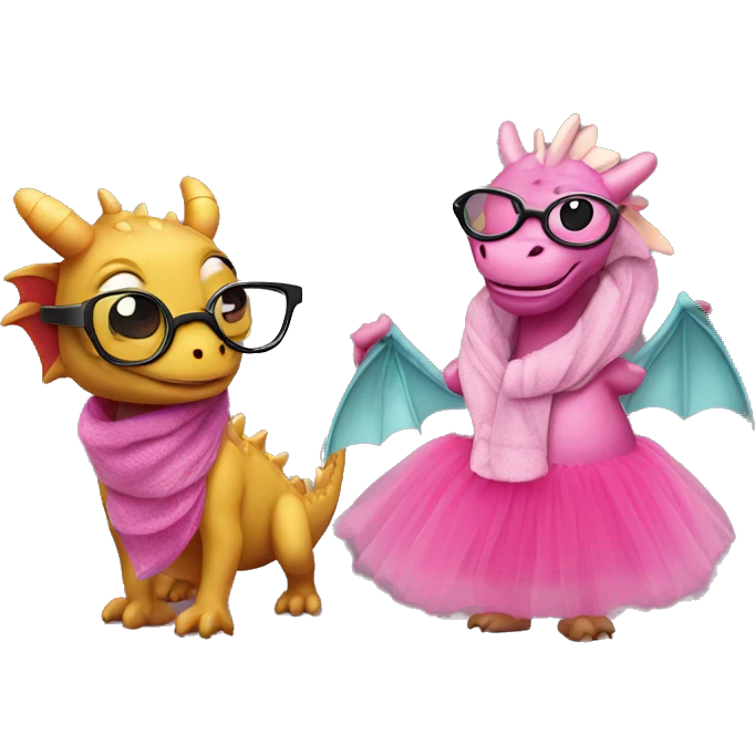 A dragon and a pink tutu with a scarf and glasses emoji