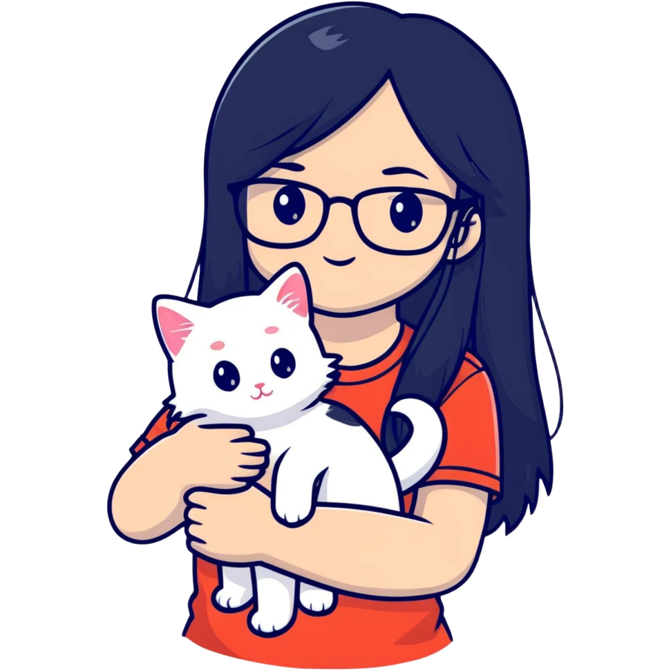 Beautiful girl with long black hair and glasses holding a white kitten emoji