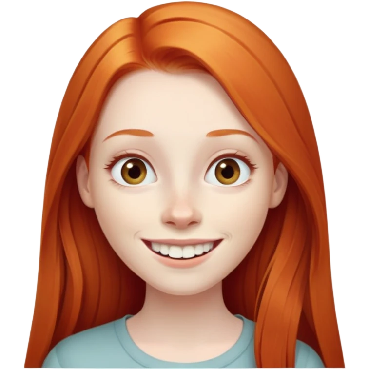 traditional emoji of young girl with very pale skin, long straight bright ginger red hair, elongated oval face, normal-sized human eyes positioned naturally, wide nose, friendly big smile with very large prominent teeth, less intense expression emoji