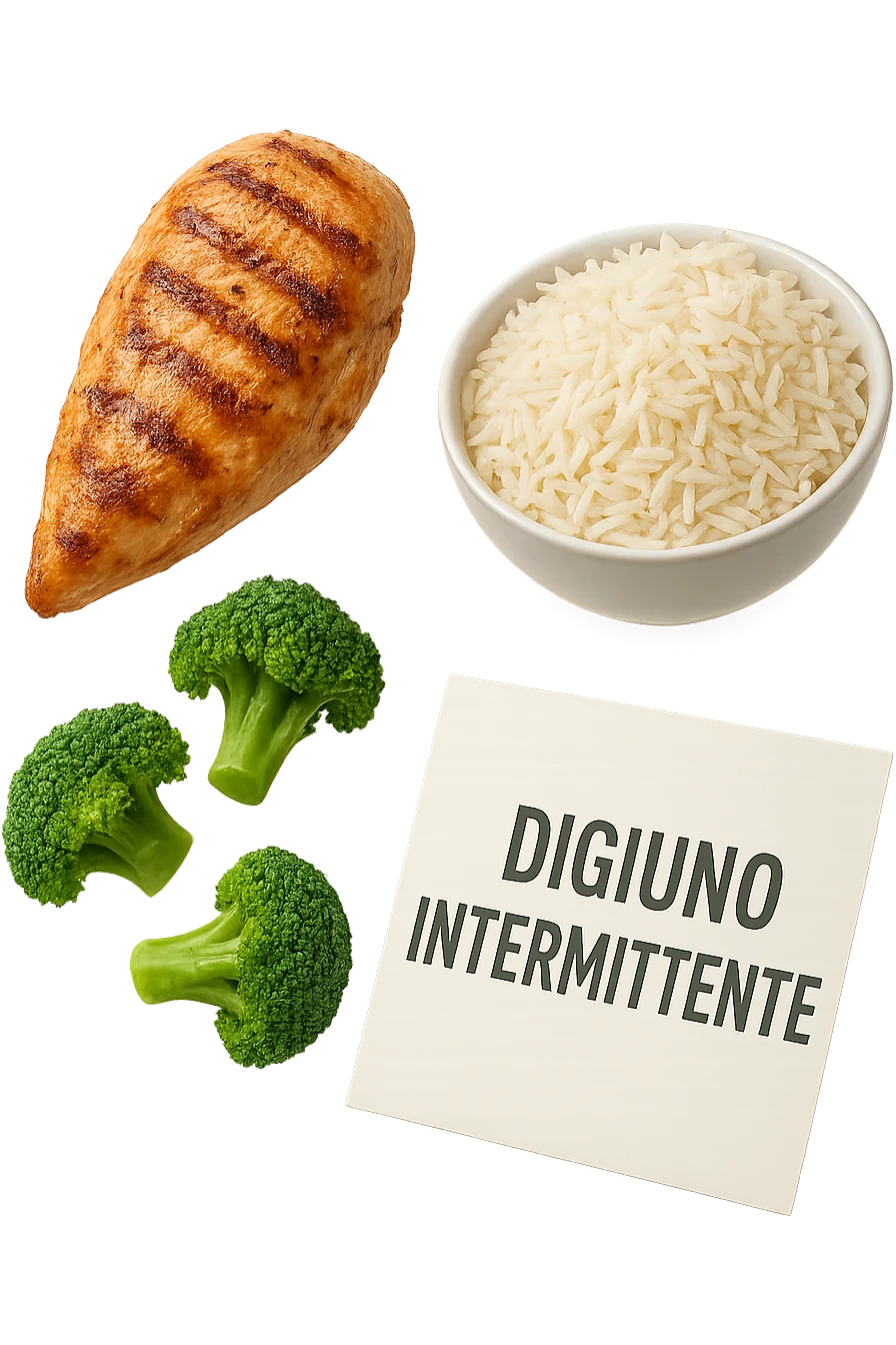 petto di pollo grigliato, bowl di riso basmati e broccoletti fluttuano in aria insieme ad un foglio con la scritta "DIGIUNO INTERMITTENTE", iperrealistico 4k emoji