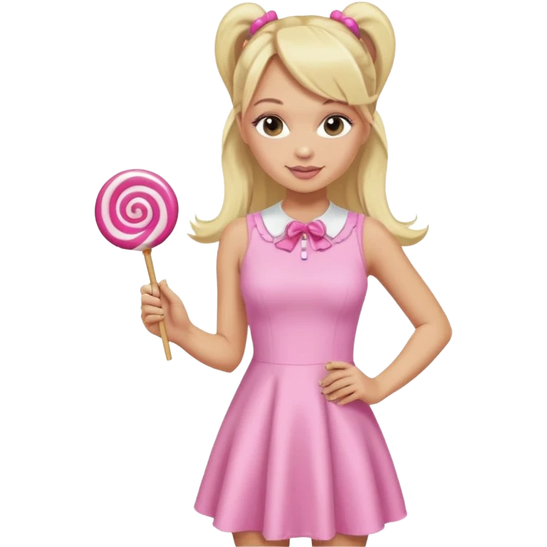 Emma Bunton with long blonde ponytails wearing light pink body dress holding a lollipop emoji