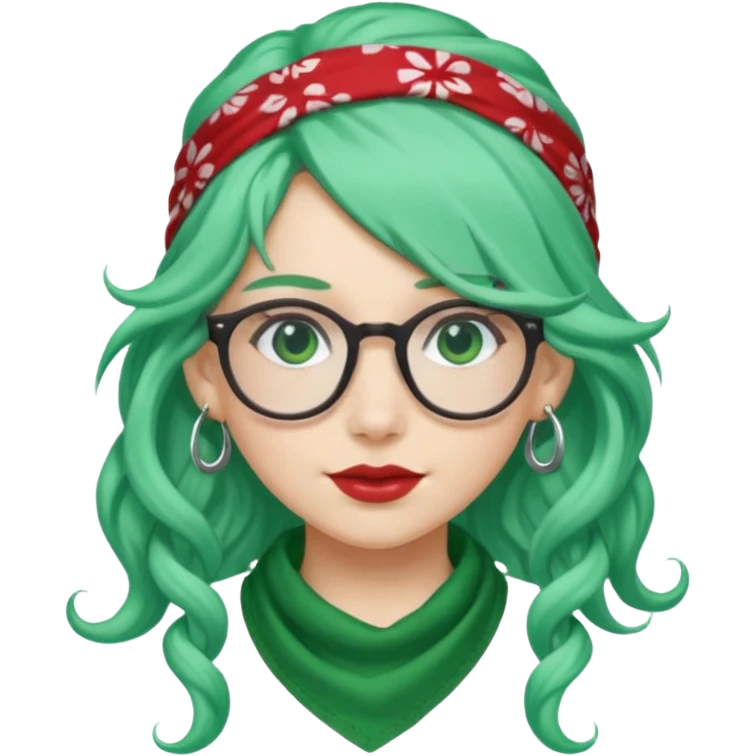 girl with long curly peppermint green hair and single-color bandana and glassess and earring emoji