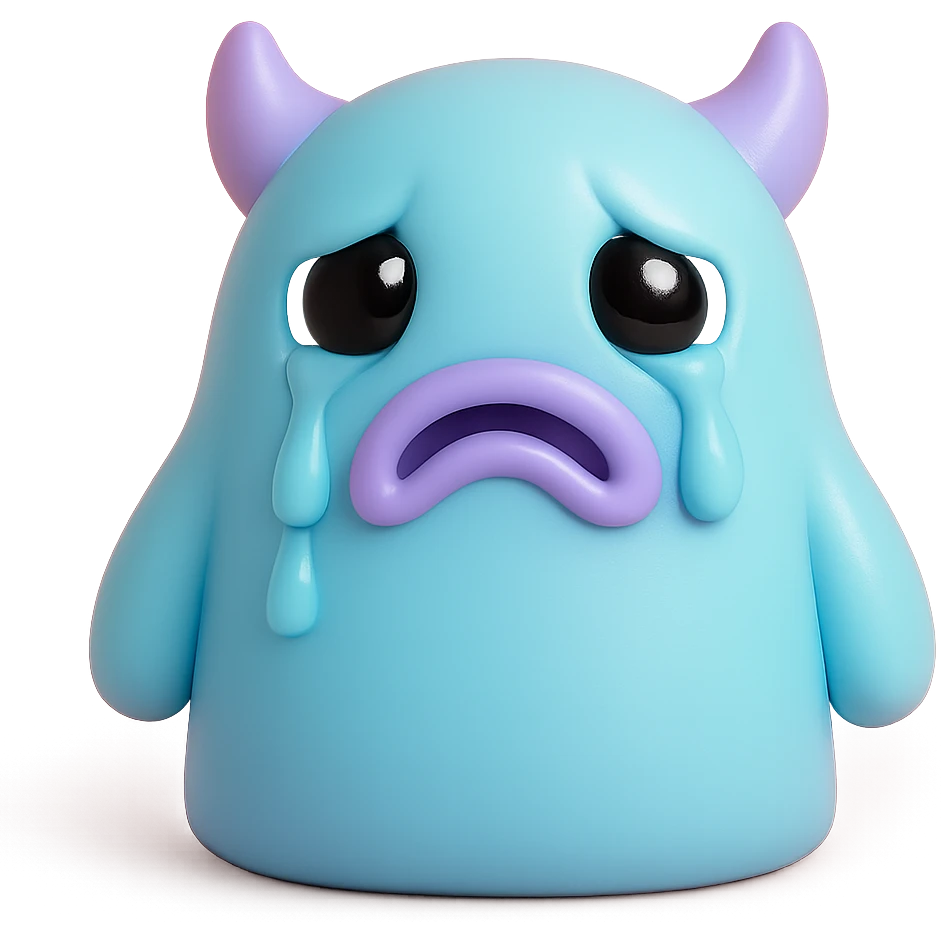 monster with big teary eyes, drooping mouth, tears streaming down its face, soft blue and purple colors, toy-like vinyl figure style emoji