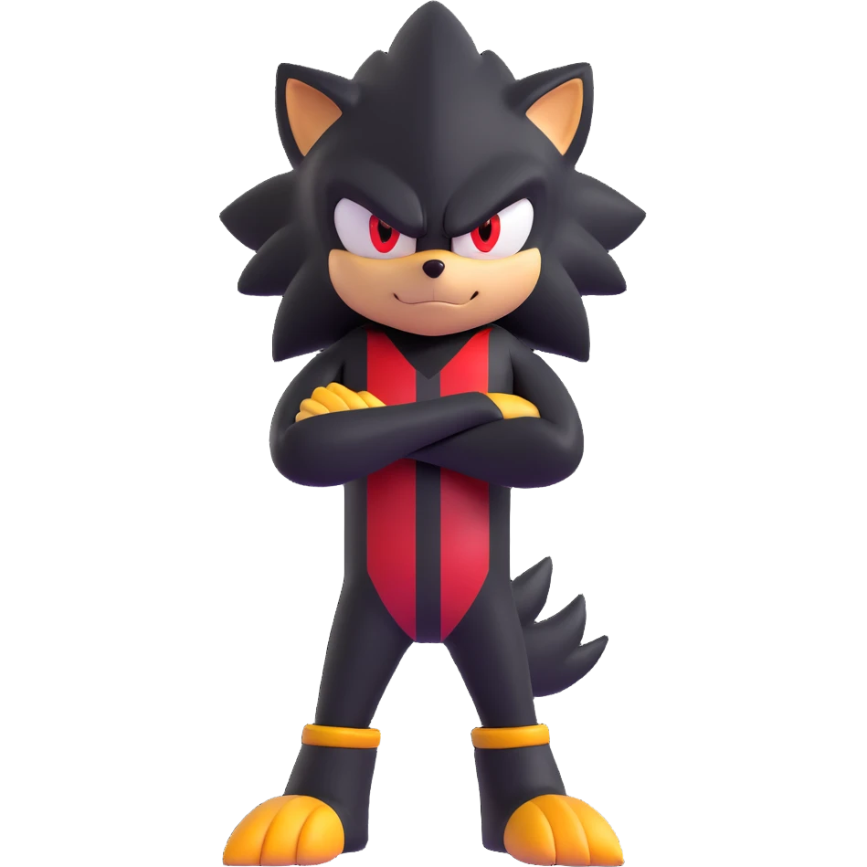 Shadow the Hedgehog standing with arms crossed, red stripes, black fur, determined look emoji