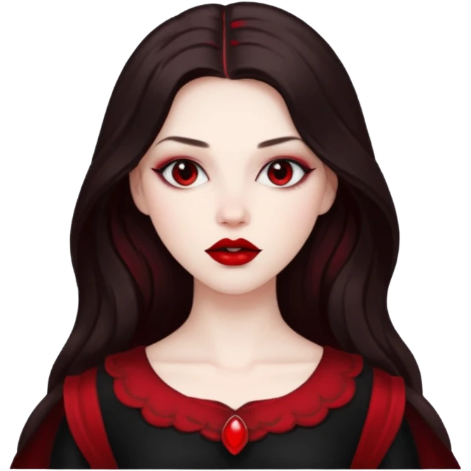 Persephone, Death Goddess from Rome Mythology with long dark brown hair, black and red outfit emoji