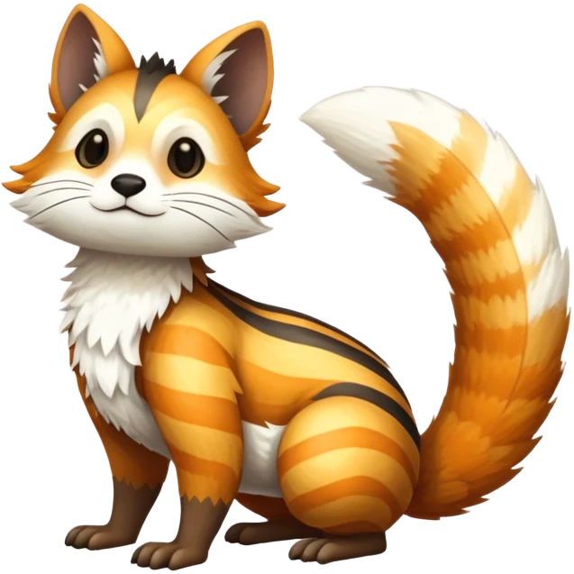 lush warm-colored Fakémon-Trico-creature (full body) with white cheek markings, white-striped tail emoji