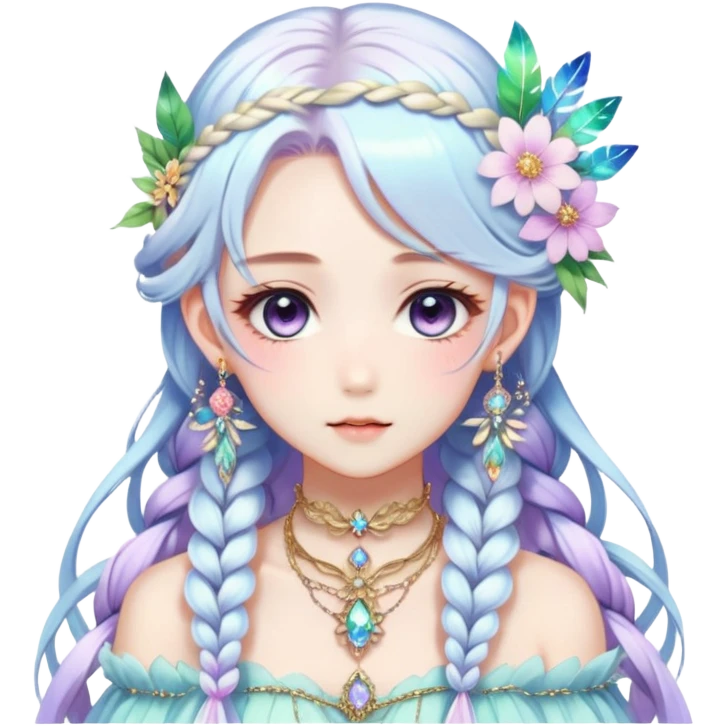 Beautiful gorgeous anime lady with beautiful iridescent-white-braided-hair, fashion aesthetic, ethereal, fairycore, pastelcore, feather, flower, gems, accessories, jewelries, gold, colorful emoji