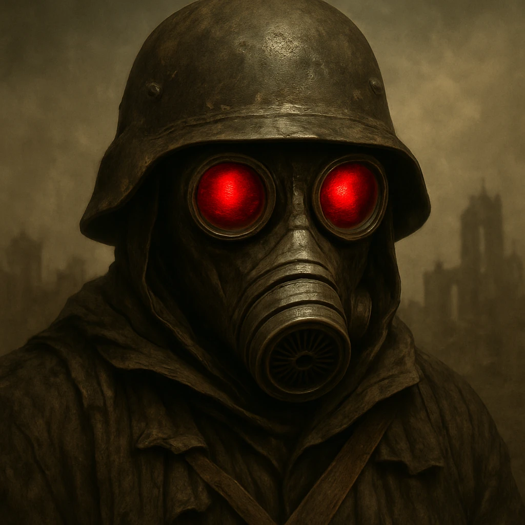 Add a helmet and zoom in on the face of the post apocalyptic soldier wearing a gas mask with red eyes, keep the gritty style, detailed and intense atmosphere. emoji