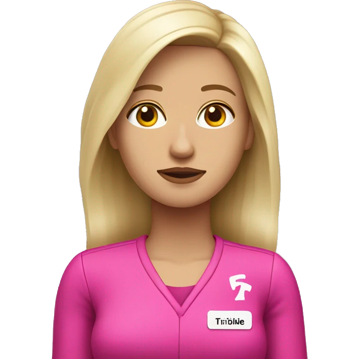 Mujer vestida con cabello rubio, piel blanca vestida con uniforme de T-Mobile, con cara triste emoji