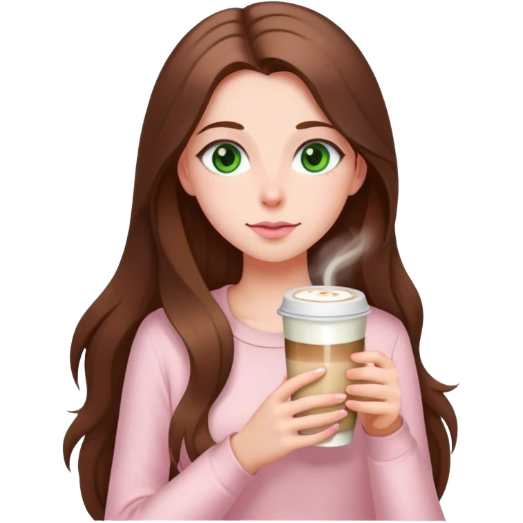 girl with very long brown hair and green eyes and light pink outfit drinking a latte emoji